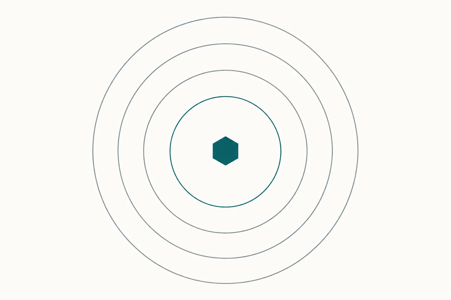 Abstract diagram in deep teal and slate on off-white: a set of nested concentric outlined rings, with a single small shape held at the very centre.