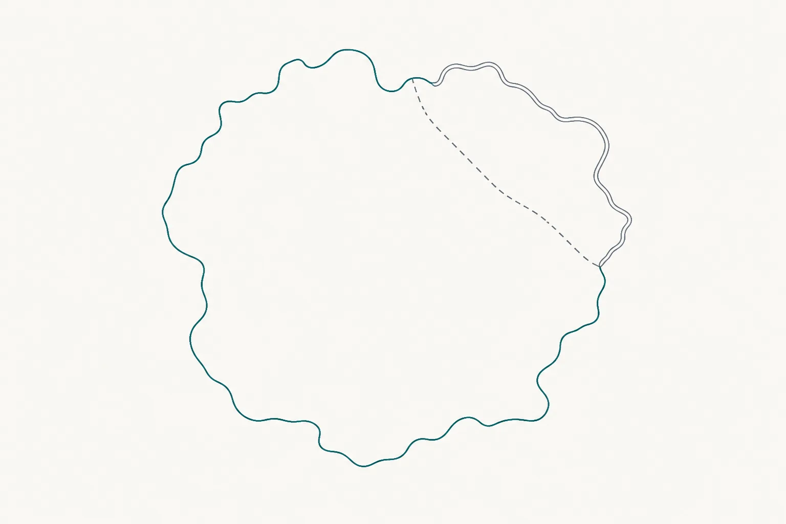 Abstract diagram in deep teal and slate on off-white: a single irregular outlined landmass divided by one fine dashed line, the two parts drawn in different line styles.