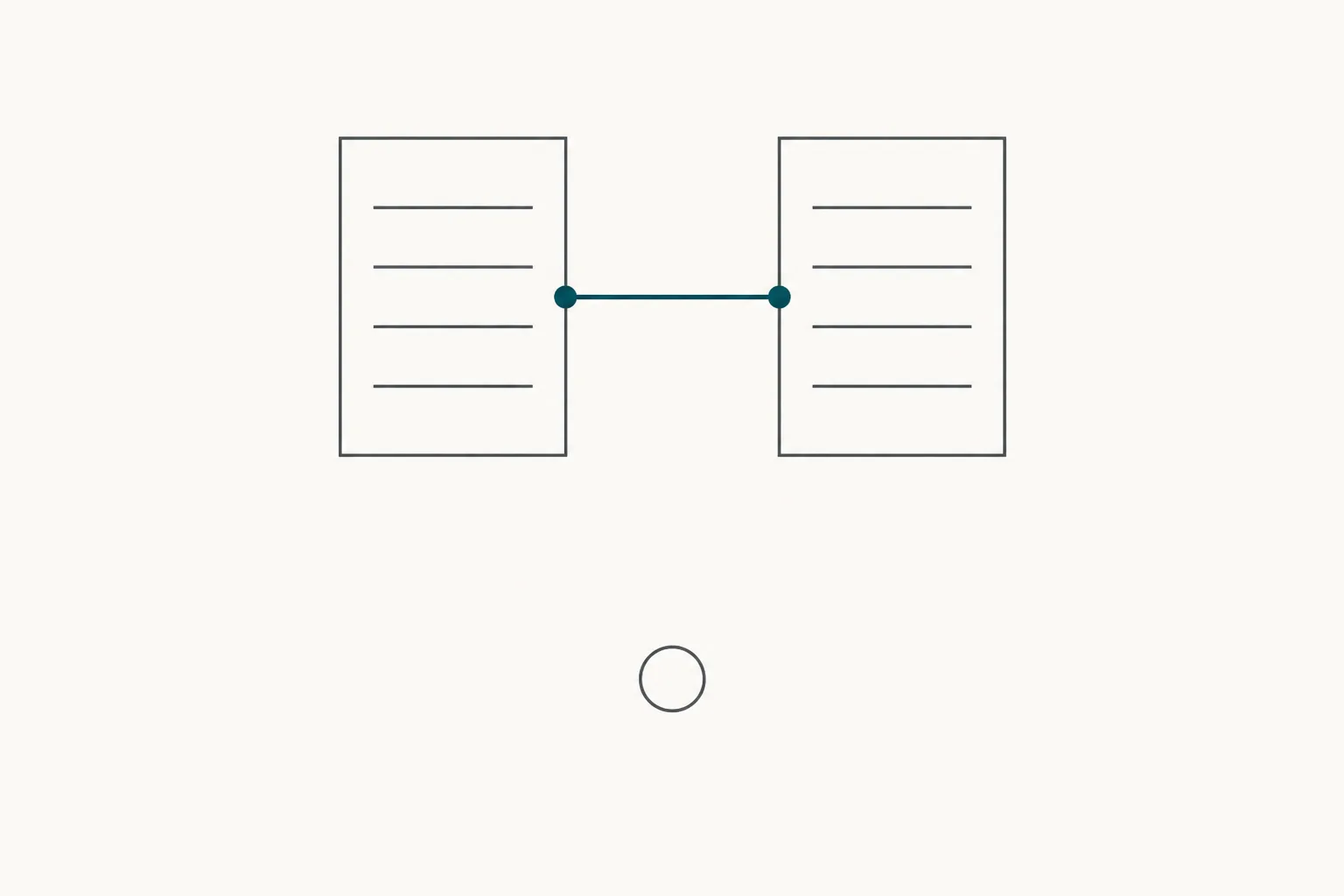 An abstract diagram on an off-white ground showing two identical slate document outlines side by side joined by a solid teal line, with a separate small slate circle below them that no line reaches.