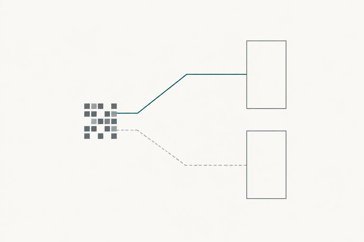 An abstract diagram on an off-white ground showing a small square grid of slate blocks with two thin lines leaving it, one solid teal line ending at a document outline and one dashed slate line ending at an identical outline.
