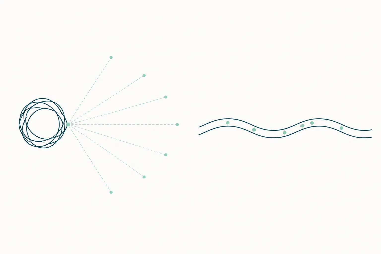Abstract comparative diagram: on one side a small form emerging from a coiled loop and radiating thin lines outward, on the other a small form embedded directly within a folded double-layered band.