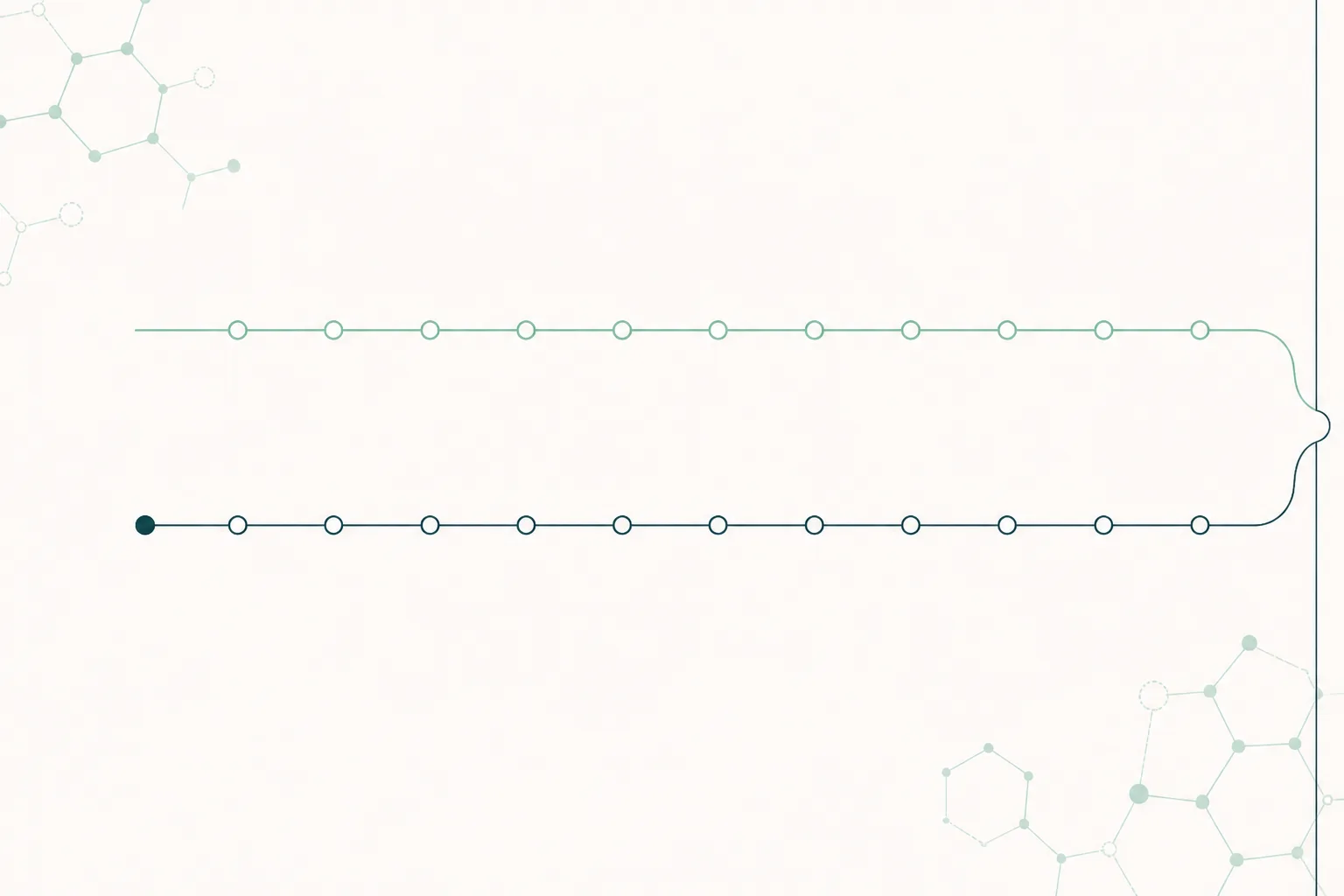 Abstract comparative diagram: two chains ending at the same notch, one plain and interrupted by a break near its tip, the other capped by a small solid form that leaves it intact.