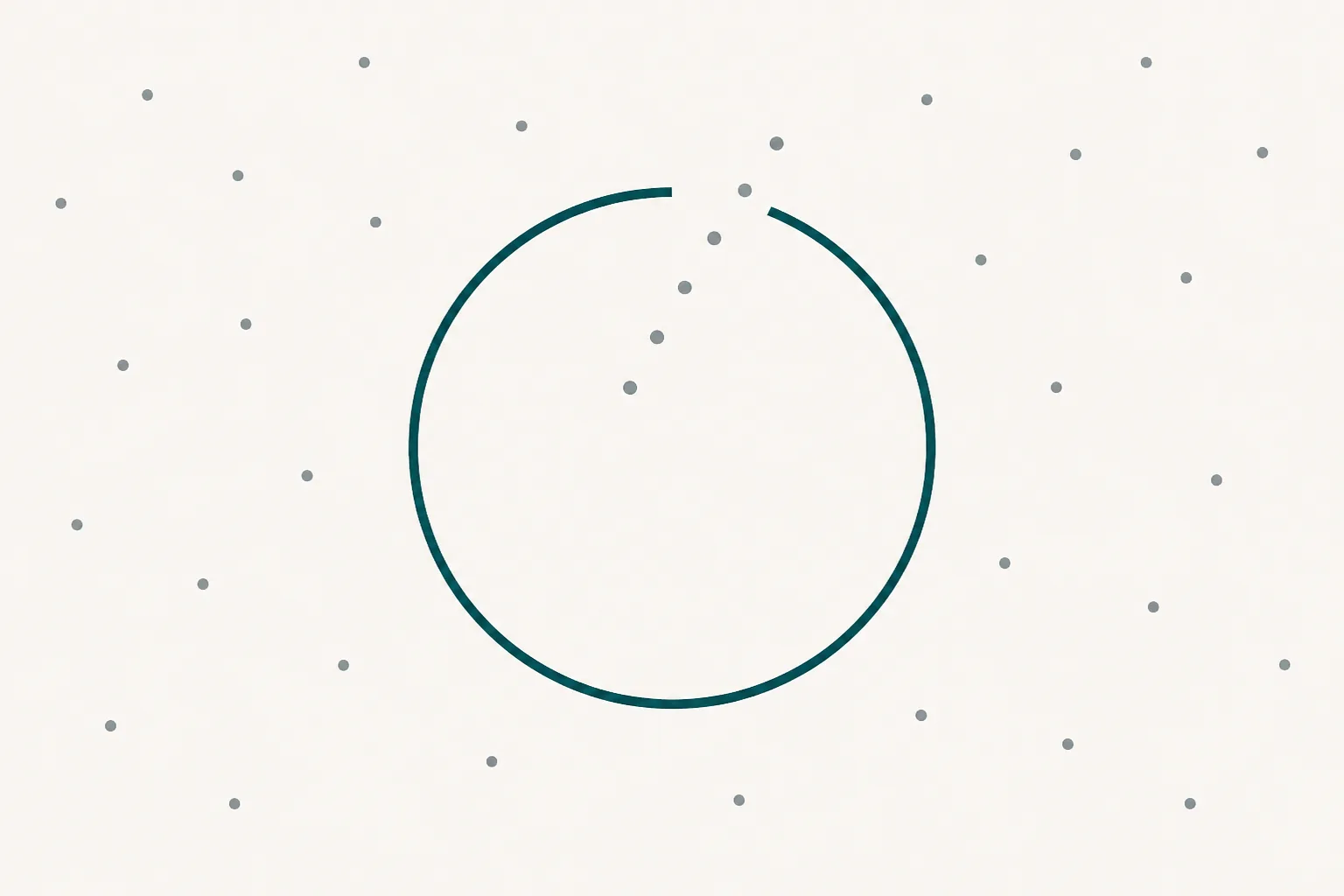 An abstract diagram on an off-white ground: a closed deep-teal ring outline with a single narrow gap in its upper edge, through which a few small slate dots drift inward from the surrounding space.