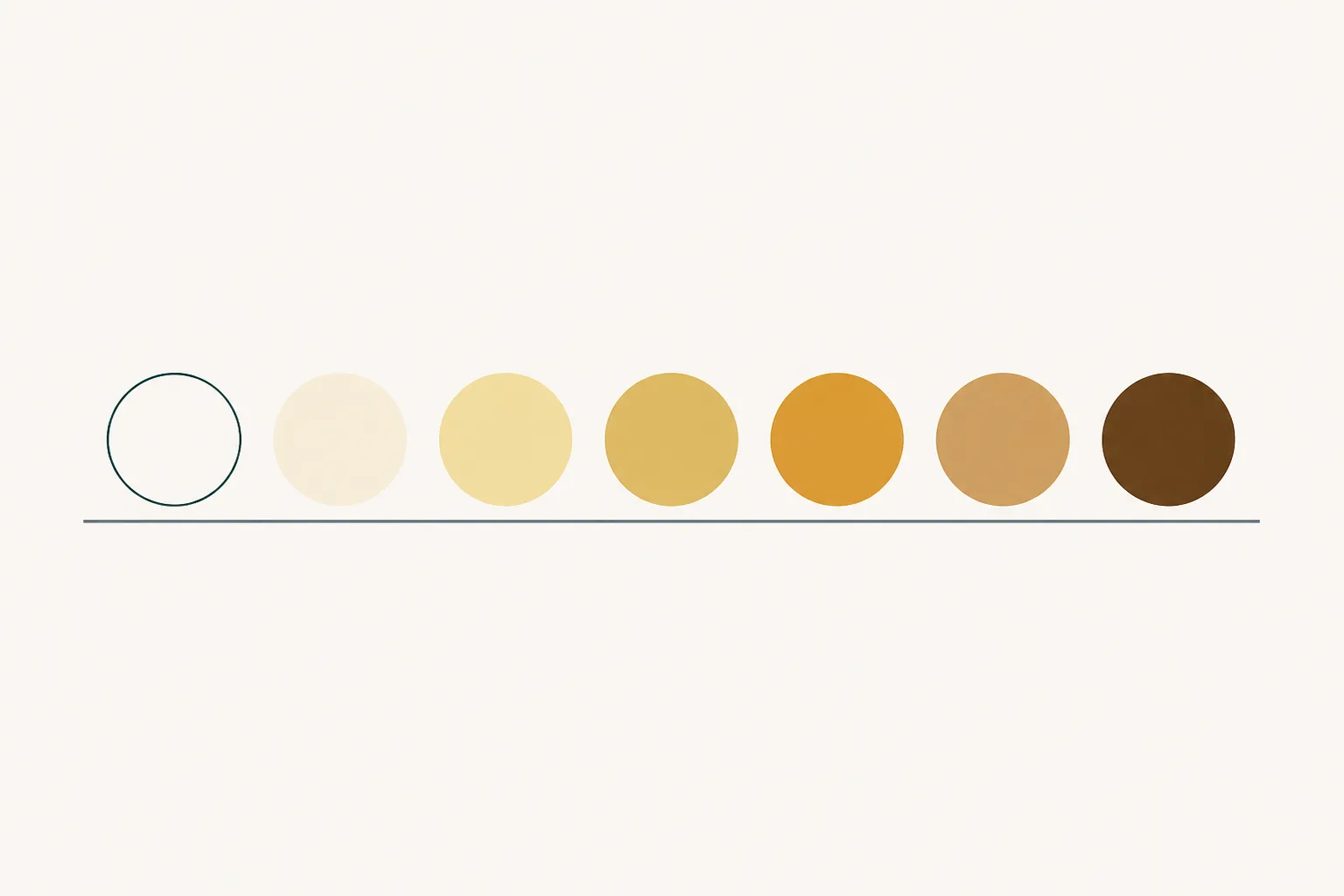 An abstract diagram on an off-white ground: a horizontal row of seven equal circles fading in fill from pale off-white on the left, through muted ochre, to a deep warm brown on the right, above a thin slate baseline.