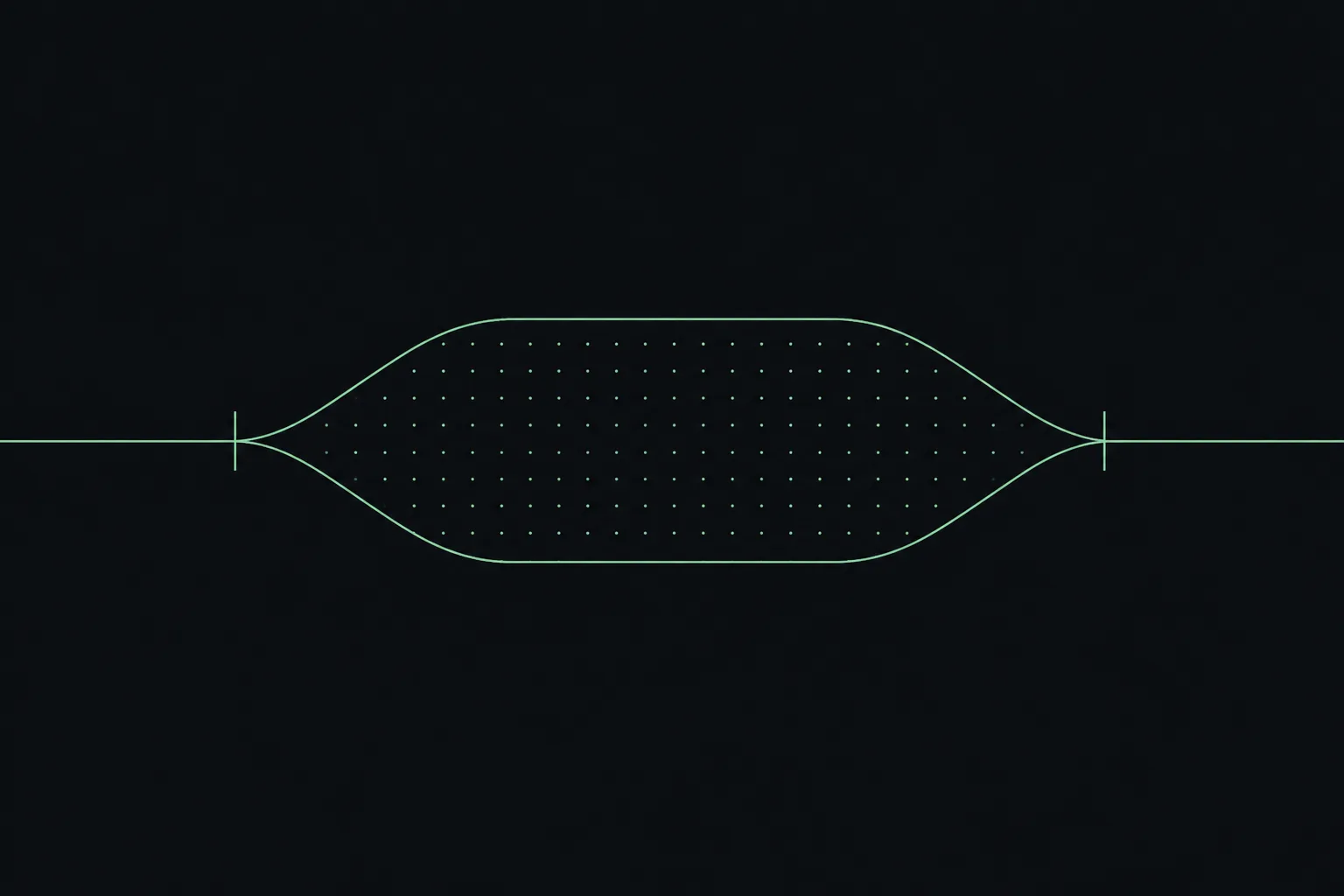 On a dark charcoal background a mint-green horizontal band opens wide in the middle of the frame and then narrows back to a thin line at the right edge, like a gate that opened for a period and closed again
