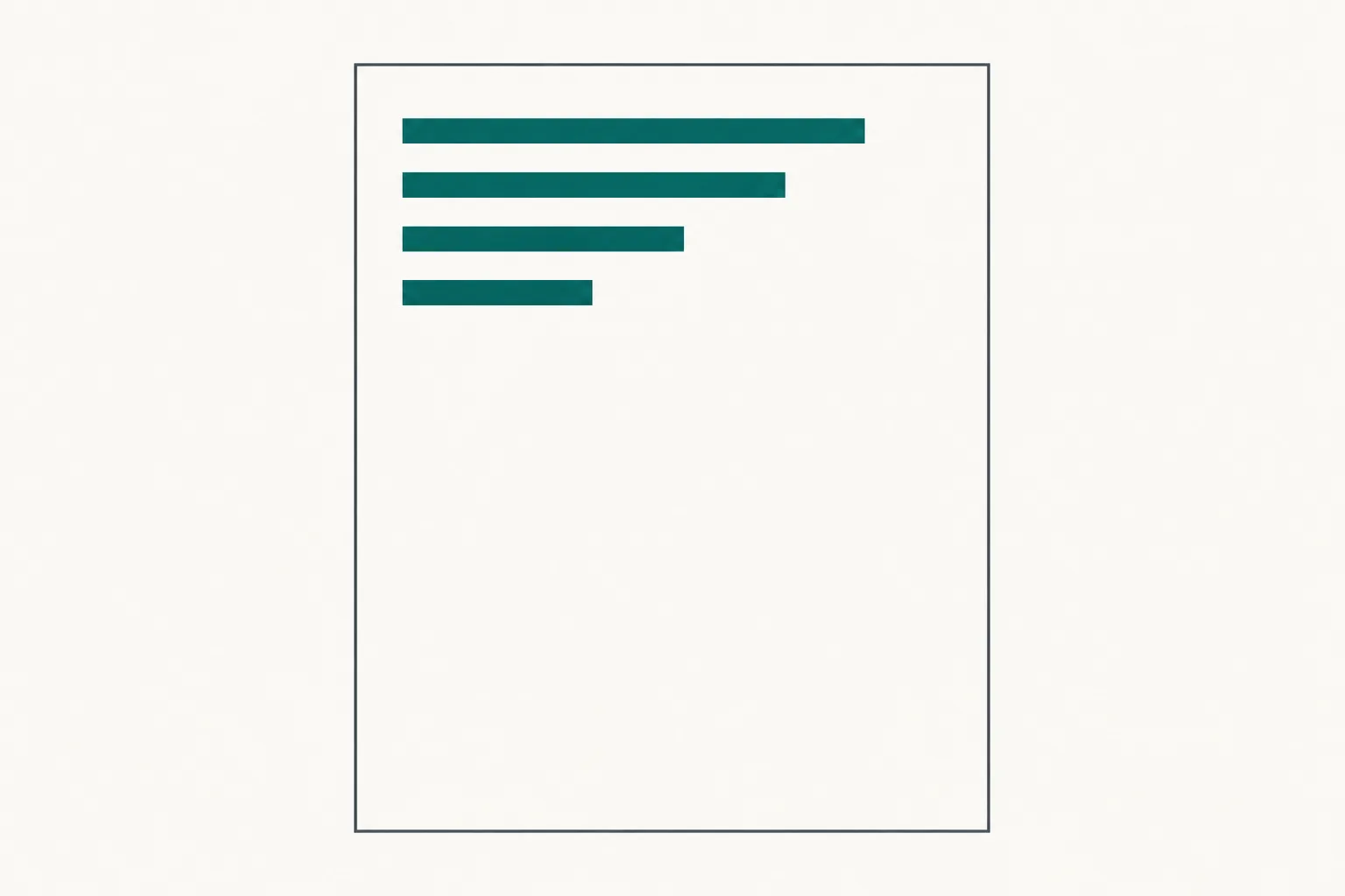 Abstract diagram in deep teal and slate on off-white: a tall outlined panel holding only a few short solid lines at the top, with a much larger area below left deliberately empty.