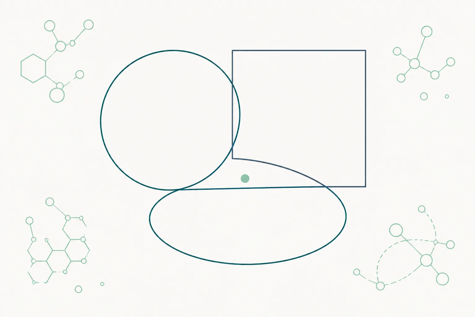 Abstract diagram in deep teal and slate on off-white: three separate outlined shapes of different sizes overlapping only partially, with a small unmarked dot sitting in the gap between them.