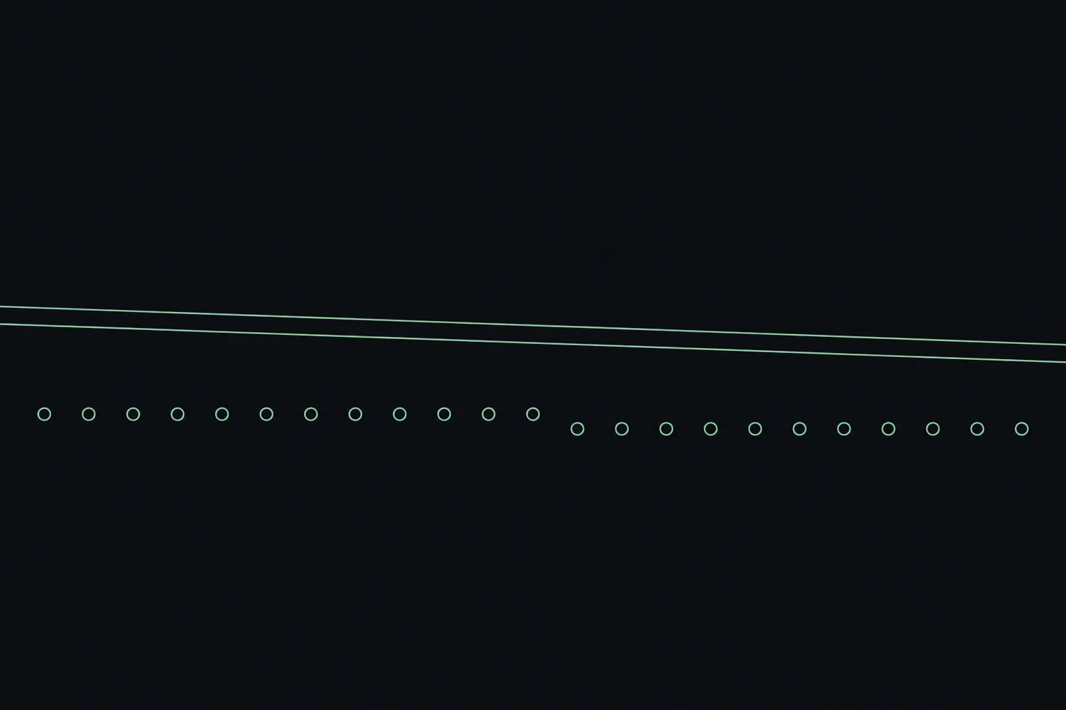 Two thin mint-green lines run side by side across a dark charcoal background and stay parallel to the far edge; beneath them a row of small markers shifts slightly downward, showing a measured change that did not separate the two lines
