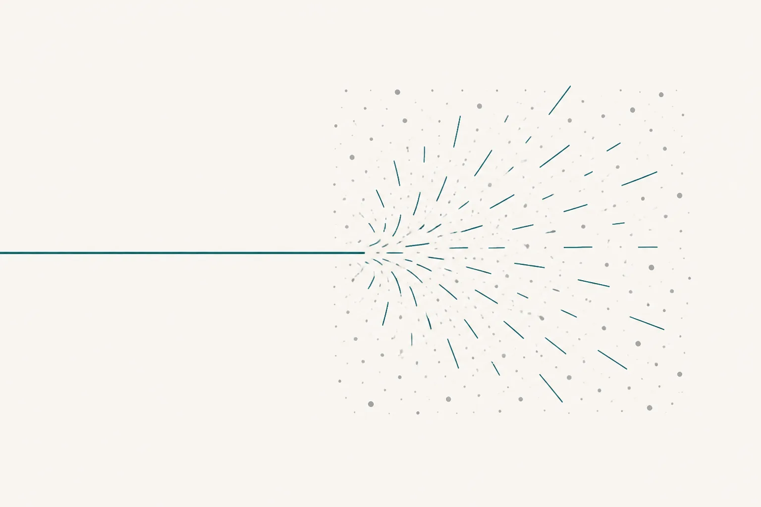 An abstract diagram on an off-white ground: a thin deep-teal line crosses the frame, passing straight through an empty left half and breaking into many short scattered rays where it meets a field of fine slate dots on the right.